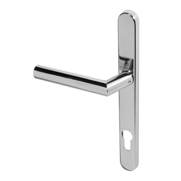 BLU AML096 Angled Lever Door Handle on Backplate Set Visible Fixings 316 Polished Stainless Steel