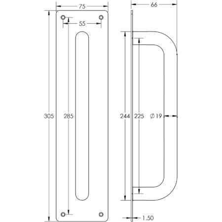 Stainless Steel Pull Handles w/ Plate 225x19mm Satin Stainless Steel - Image 2