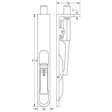 Lever Action Flushbolts Radiused Forend 914x20mm Satin Stainless Steel - Image 2