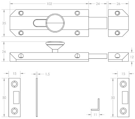 Jedo Architectural Slide Door Bolts 100x35mm Antique Brass - Image 2