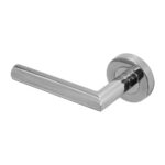 BLU KM060C Mitre Lever Door Handle on Round Rose 52mm Projection Version 316 Polished Stainless Steel