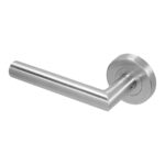 BLU KM060C Mitre Lever Door Handle on Round Rose 52mm Projection Version 316 Satin Stainless Steel