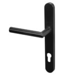 BLU KM078C Mitre Lever Door Handle on Backplate (Dual Sprung) 52mm Handle Projection Version 32 x 249 x 12.5mm 316 Stainless Steel Matt Black Lacquer Finish