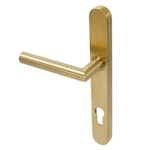 BLU KM078C Mitre Lever Door Handle on Backplate (Dual Sprung) 52mm Handle Projection Version 32 x 249 x 12.5mm 316 Stainless Steel PVD Satin Brass Finish