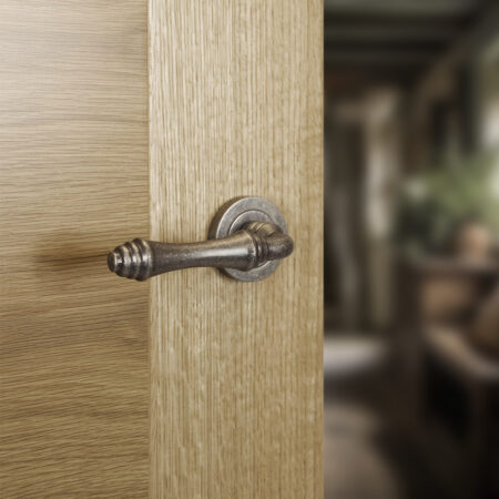 Old English Durham Door Handle Pack (Latch Set - 2.5" CE Latch, 4" Fire Rated Hinges x3) - Distressed Silver - Image 6