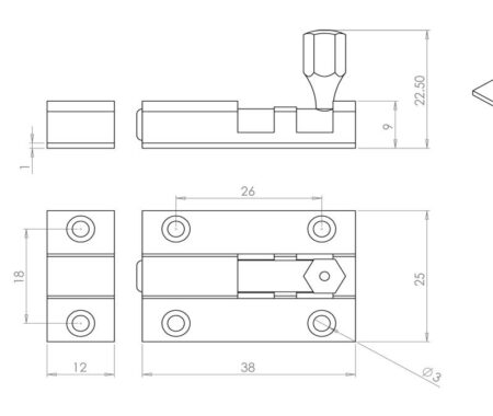 Jedo Brass Straight Barrel Bolts 38x25mm Polished Chrome - Image 2