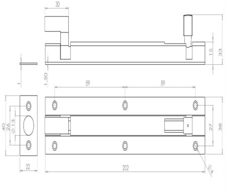 Jedo Brass Heavy Necked Barrel Bolts 200x38mm Satin Chrome - Image 2