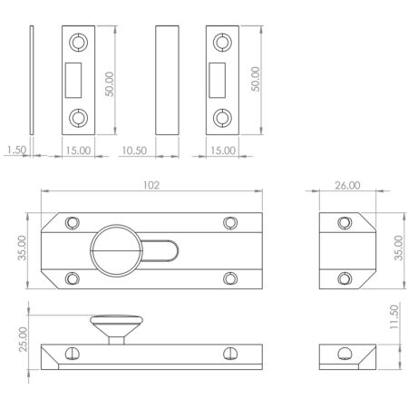 Jedo Architectural Slide Door Bolts 100x35mm Satin Brass - Image 2
