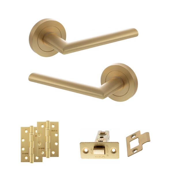 STATUS Alabama Door Handle Pack (Latch Set - 2.5" CE Latch, 4" Slim Knuckle Hinges x2) - Satin Brass