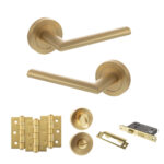 STATUS Alabama Door Handle Pack (Bathroom Set - 2.5" CE Bathroom Lock, 3" Fire Rated Hinges x3) - Satin Brass