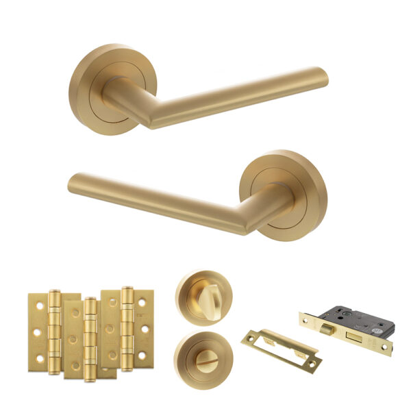 STATUS Alabama Door Handle Pack (Bathroom Set - 2.5" CE Bathroom Lock, 3" Fire Rated Hinges x3) - Satin Brass