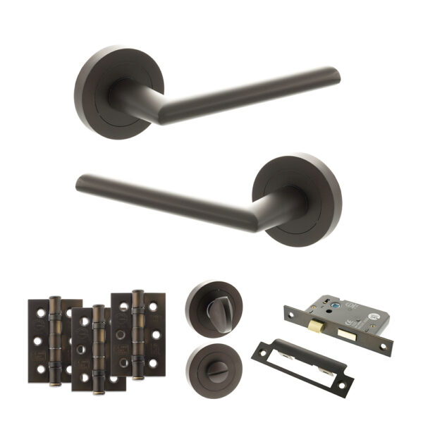 STATUS Alabama Door Handle Pack (Bathroom Set - 2.5" CE Bathroom Lock, 3" Fire Rated Hinges x3) - Urban Dark Bronze
