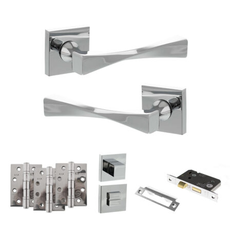 Senza Pari Guido Door Handle Pack (Bathroom Set - 2.5" CE Bathroom Lock, 4" Fire Rated Hinges x3) - Polished Chrome