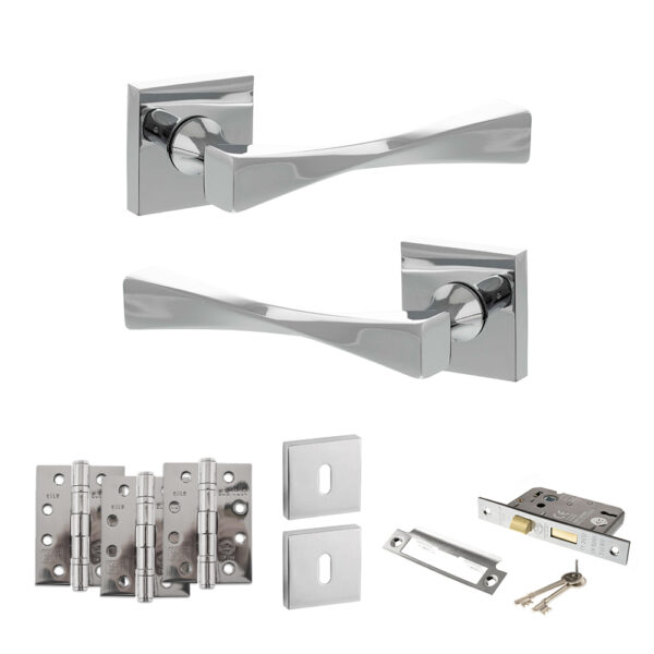 Atlantic Senza Pari Guido Door Handle Pack (3 Lever Lock Set - 3" CE Sashlock, 4" Fire Rated Hinges x3) - Polished Chrome