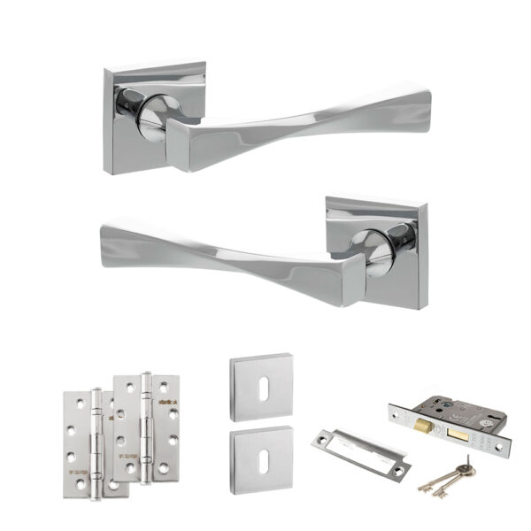 Atlantic Senza Pari Guido Door Handle Pack (3 Lever Lock Set - 2.5" CE Sashlock, 4" Slim Knuckle Hinges x2) - Polished Chrome