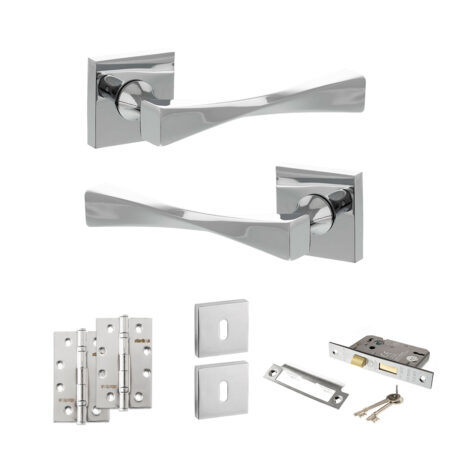Atlantic Senza Pari Guido Door Handle Pack (3 Lever Lock Set - 3" CE Sashlock, 4" Slim Knuckle Hinges x2) - Polished Chrome