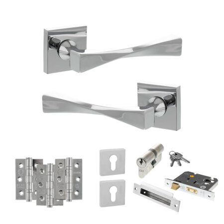 Atlantic Senza Pari Guido Door Handle Pack (Euro Lock Set - 2.5" CE Sashlock, 3" Fire Rated Hinges x3) - Polished Chrome