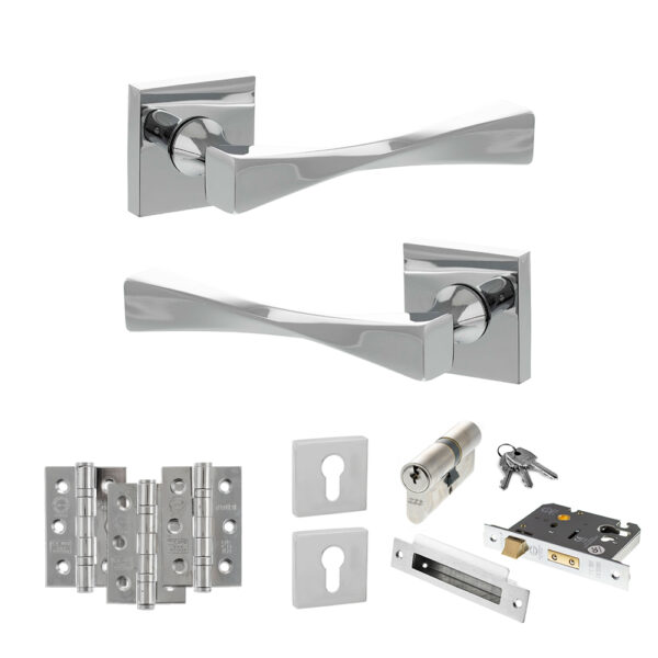 Atlantic Senza Pari Guido Door Handle Pack (Euro Lock Set - 2.5" CE Sashlock, 3" Fire Rated Hinges x3) - Polished Chrome