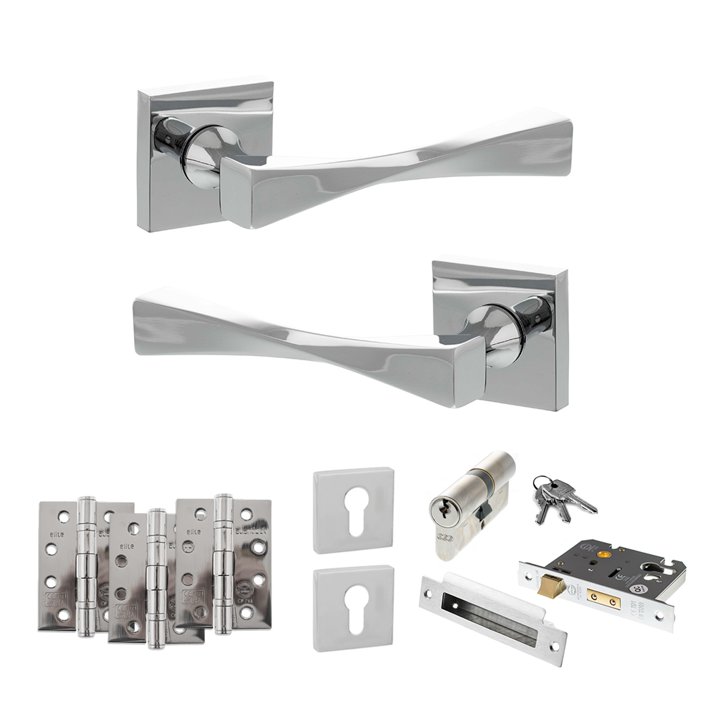 ADPSP190CP22_SENZA20PARI20GUIDO20POLISHED20CHROME.jpg Atlantic Senza Pari Guido Door Handle Pack (Euro Lock Set - 2.5" CE Sashlock, 4" Fire Rated Hinges x3) - Polished Chrome - Image 1