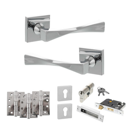 Atlantic Senza Pari Guido Door Handle Pack (Euro Lock Set - 3" CE Sashlock, 4" Fire Rated Hinges x3) - Polished Chrome