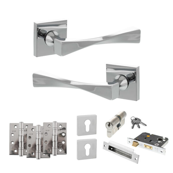 Atlantic Senza Pari Guido Door Handle Pack (Euro Lock Set - 3" CE Sashlock, 4" Fire Rated Hinges x3) - Polished Chrome