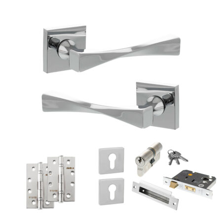 Senza Pari Guido Door Handle Pack (Euro Lock Set - 3" CE Sashlock, 4" Slim Knuckle Hinges x2) - Polished Chrome