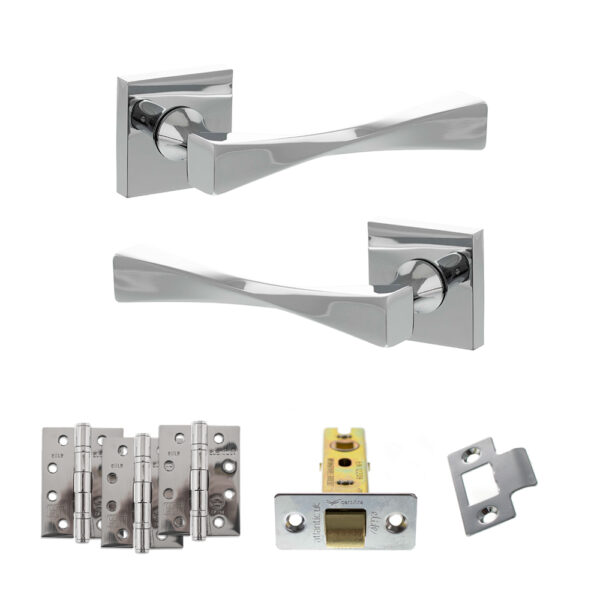 Atlantic Senza Pari Guido Door Handle Pack (Latch Set - 3" CE Latch, 4" Fire Rated Hinges x3) - Polished Chrome