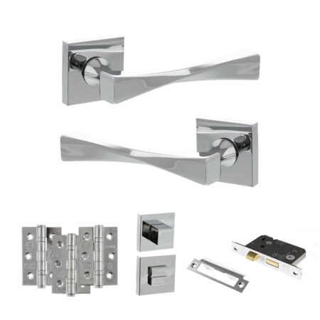 Senza Pari Guido Door Handle Pack (Bathroom Set - 2.5" CE Bathroom Lock, 3" Fire Rated Hinges x3) - Polished Chrome
