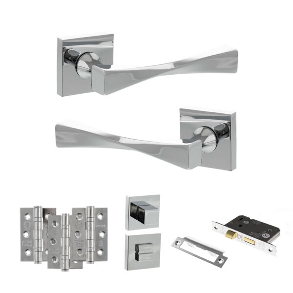 Senza Pari Guido Door Handle Pack (Bathroom Set - 3" CE Bathroom Lock, 3" Fire Rated Hinges x3) - Polished Chrome