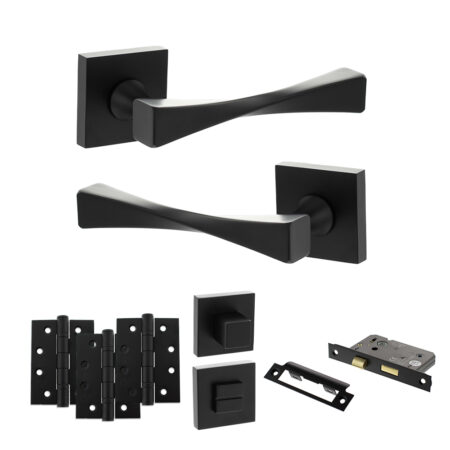 Atlantic Senza Pari Guido Door Handle Pack (Bathroom Set - 3" CE Bathroom Lock, 4" Fire Rated Hinges x3) - Matt Black