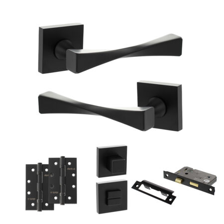 Senza Pari Guido Door Handle Pack (Bathroom Set - 3" CE Bathroom Lock, 4" Slim Knuckle Hinges x2) - Matt Black