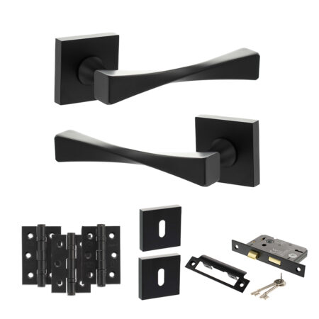Senza Pari Guido Door Handle Pack (3 Lever Lock Set - 3" CE Sashlock, 3" Fire Rated Hinges x3) - Matt Black