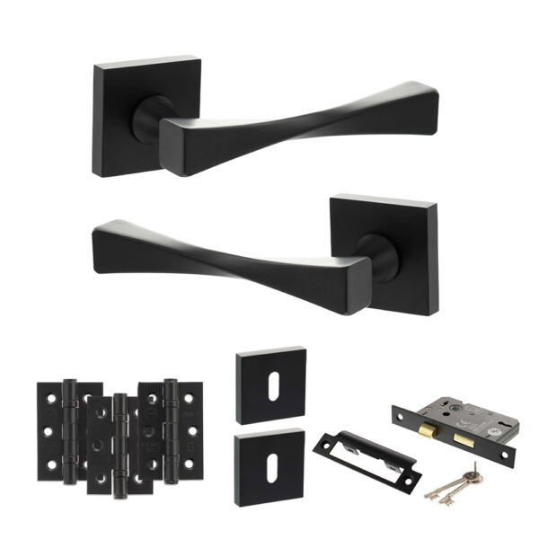 Senza Pari Guido Door Handle Pack (3 Lever Lock Set - 3" CE Sashlock, 3" Fire Rated Hinges x3) - Matt Black