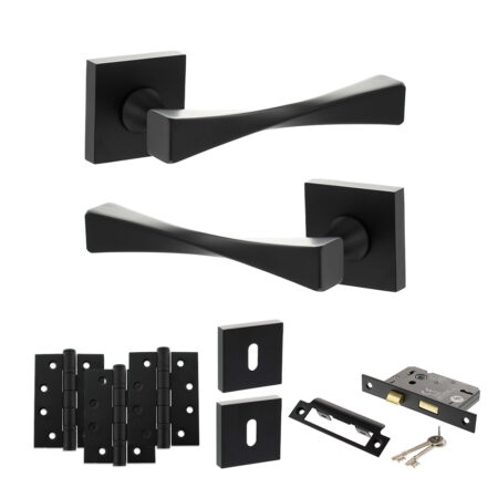 Senza Pari Guido Door Handle Pack (3 Lever Lock Set - 3" CE Sashlock, 4" Fire Rated Hinges x3) - Matt Black
