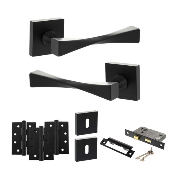 Senza Pari Guido Door Handle Pack (3 Lever Lock Set - 3" CE Sashlock, 4" Fire Rated Hinges x3) - Matt Black