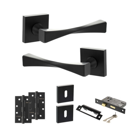 Senza Pari Guido Door Handle Pack (3 Lever Lock Set - 2.5" CE Sashlock, 4" Slim Knuckle Hinges x2) - Matt Black