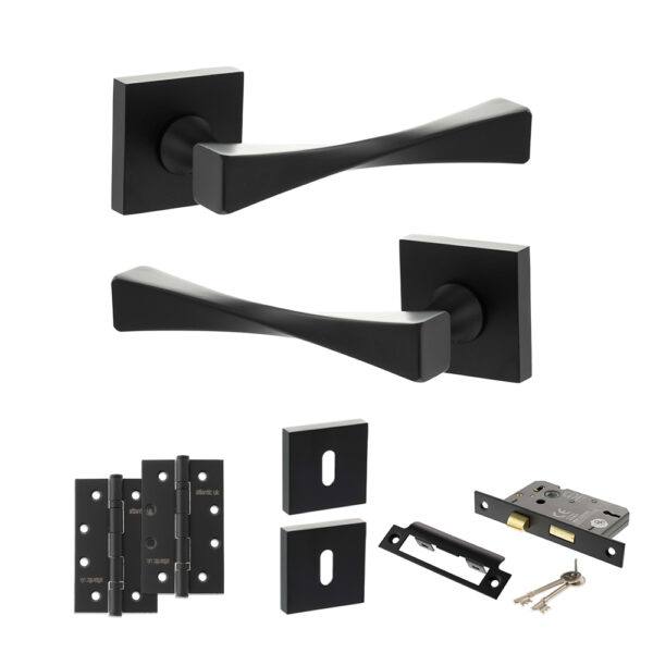 Senza Pari Guido Door Handle Pack (3 Lever Lock Set - 2.5" CE Sashlock, 4" Slim Knuckle Hinges x2) - Matt Black