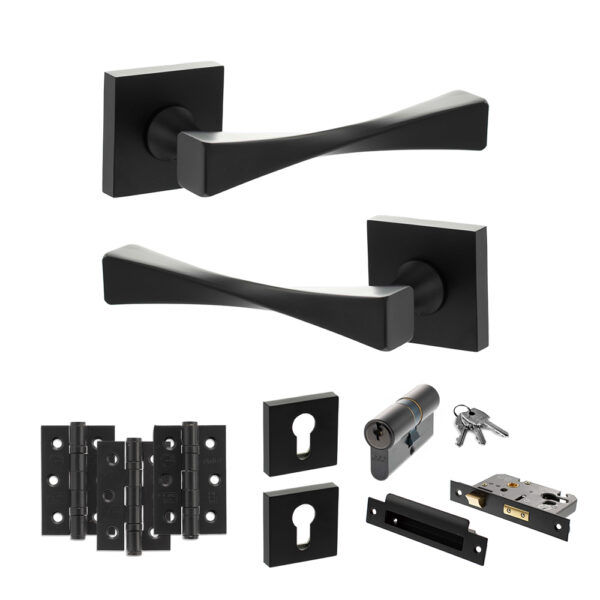 Senza Pari Guido Door Handle Pack (Euro Lock Set - 3" CE Sashlock, 3" Fire Rated Hinges x3) - Matt Black