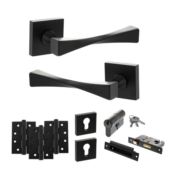 Senza Pari Guido Door Handle Pack (Euro Lock Set - 3" CE Sashlock, 4" Fire Rated Hinges x3) - Matt Black