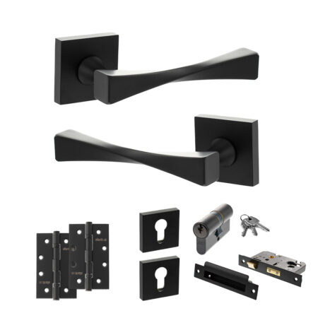 Senza Pari Guido Door Handle Pack (Euro Lock Set - 2.5" CE Sashlock, 4" Slim Knuckle Hinges x2) - Matt Black
