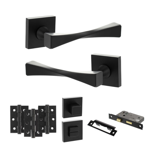 Senza Pari Guido Door Handle Pack (Bathroom Set - 3" CE Bathroom Lock, 3" Fire Rated Hinges x3) - Matt Black