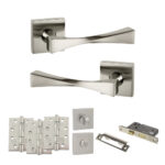 Senza Pari Guido Door Handle Pack (Bathroom Set - 2.5" CE Bathroom Lock, 4" Fire Rated Hinges x3) - Satin Nickel