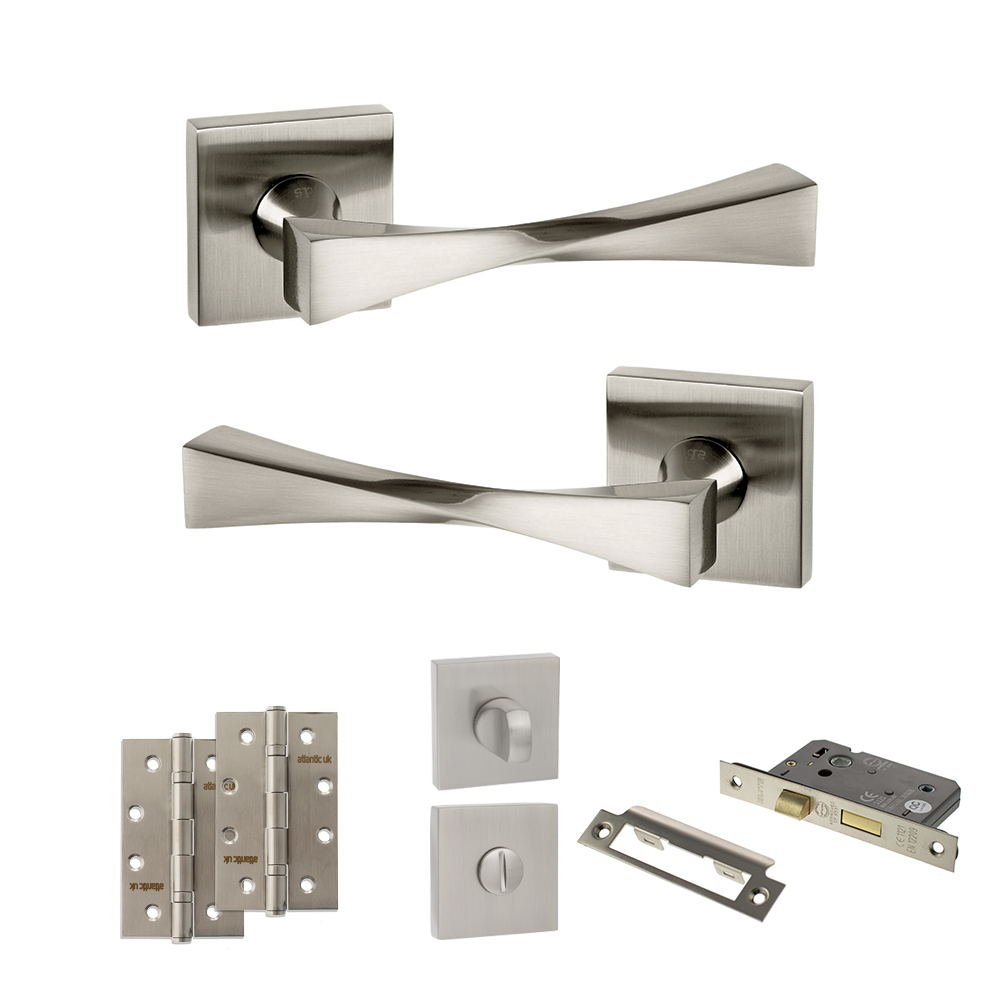 ADPSP190SN13_SENZA20PARI20GUIDO20SATIN20NICKEL.jpg Atlantic Senza Pari Guido Door Handle Pack (Bathroom Set - 3" CE Bathroom Lock, 4" Slim Knuckle Hinges x2) - Satin Nickel - Image 1