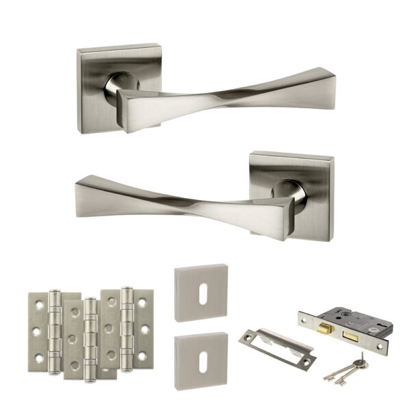 Senza Pari Guido Door Handle Pack (3 Lever Lock Set - 3" CE Sashlock, 3" Fire Rated Hinges x3) - Satin Nickel