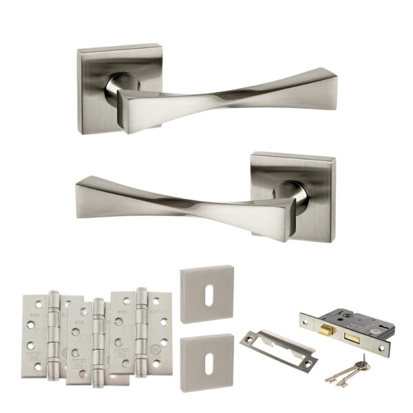 Senza Pari Guido Door Handle Pack (3 Lever Lock Set - 3" CE Sashlock, 4" Fire Rated Hinges x3) - Satin Nickel