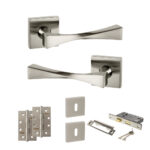 Senza Pari Guido Door Handle Pack (3 Lever Lock Set - 3" CE Sashlock, 4" Slim Knuckle Hinges x2) - Satin Nickel