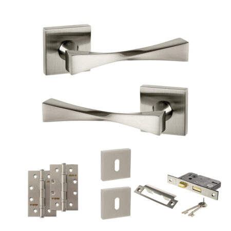 Senza Pari Guido Door Handle Pack (3 Lever Lock Set - 3" CE Sashlock, 4" Slim Knuckle Hinges x2) - Satin Nickel
