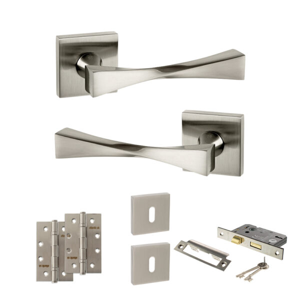 Senza Pari Guido Door Handle Pack (3 Lever Lock Set - 3" CE Sashlock, 4" Slim Knuckle Hinges x2) - Satin Nickel
