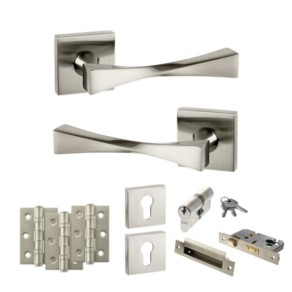 Senza Pari Guido Door Handle Pack (Euro Lock Set - 3" CE Sashlock, 3" Fire Rated Hinges x3) - Satin Nickel