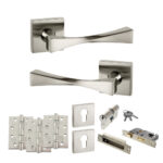 Senza Pari Guido Door Handle Pack (Euro Lock Set - 2.5" CE Sashlock, 4" Fire Rated Hinges x3) - Satin Nickel